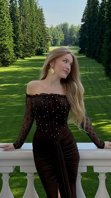 Brown Pearl Embellished Boat Neck Draped Long Lace Evening Dress